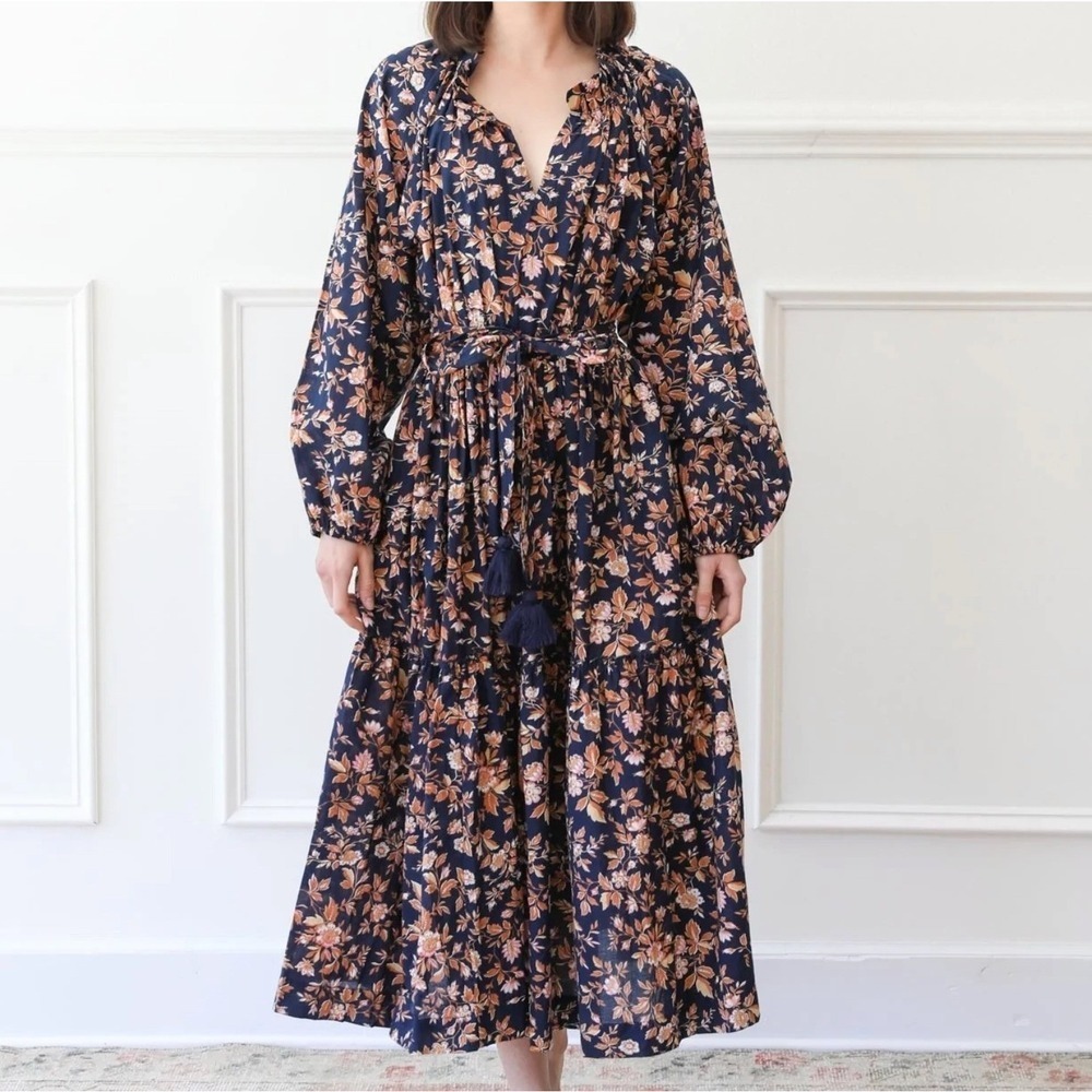 Mille Marlo Dress Medium Navy Floral Cotton Boho Tassel Belt Maxi Resort Travel